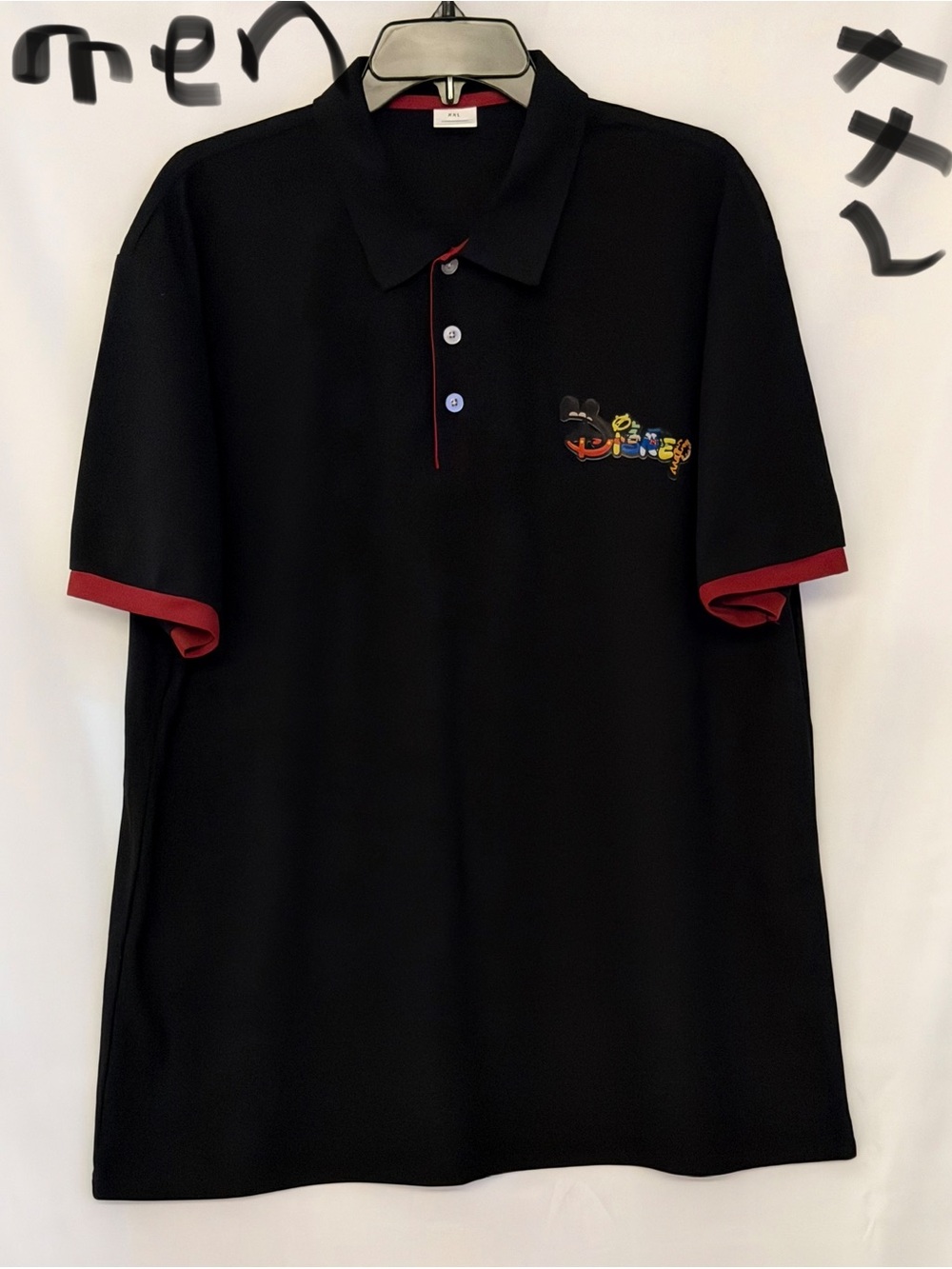 Disney Men's Black Polo with Red Trim and Colorful Embroidered Logo